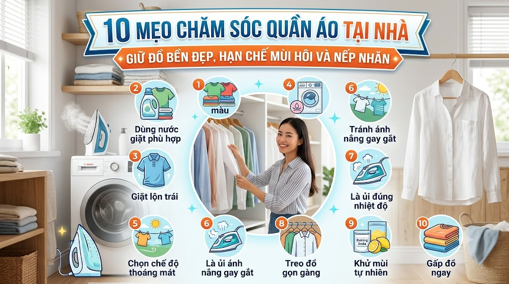 10 MẸO CHĂM SÓC QUẦN ÁO TẠI NHÀ: GIỮ ĐỒ BỀN ĐẸP, HẠN CHẾ MÙI HÔI VÀ NẾP NHĂN