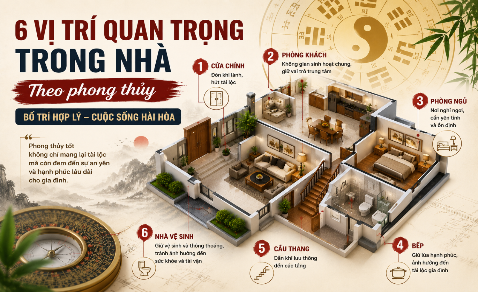 6 vị trí trong nhà thường được xem là ảnh hưởng phong thủy: Nên bố trí thế nào cho hợp lý?
