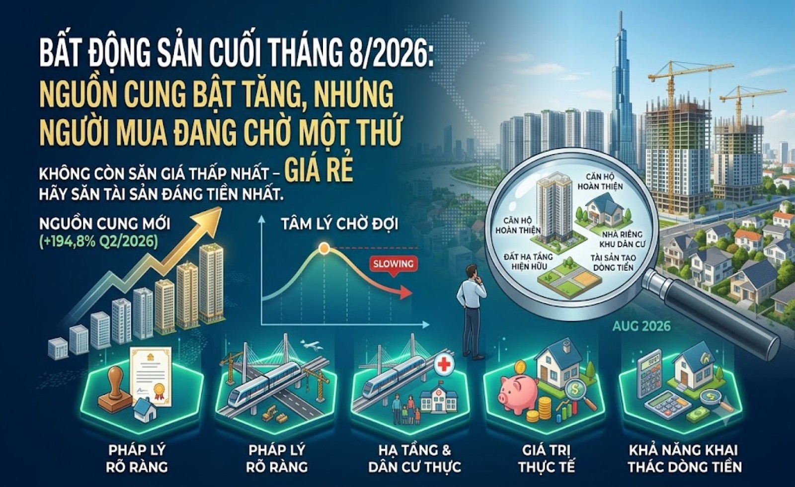 Bất động sản cuối tháng 8/2026: Nguồn cung bật tăng, nhưng người mua đang chờ một thứ quan trọng hơn… giá rẻ