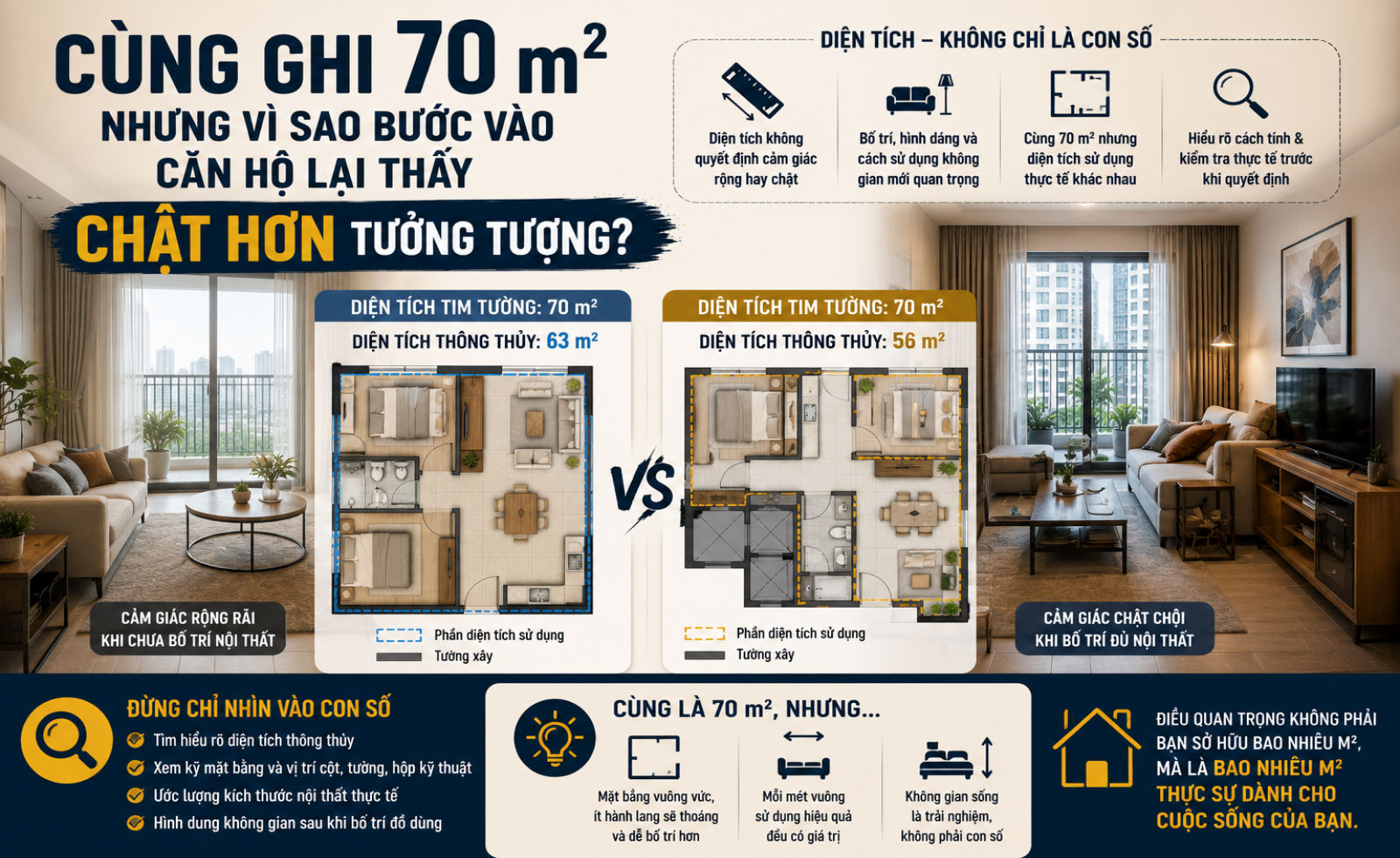 Cùng ghi 70 m² nhưng vì sao bước vào căn hộ lại thấy chật hơn tưởng tượng?