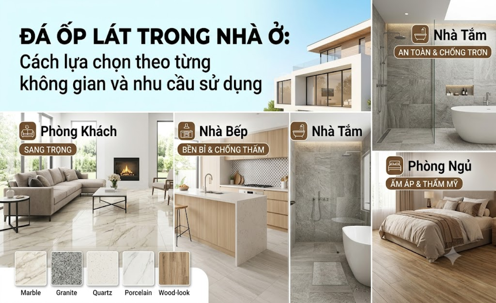 Đá ốp lát trong nhà ở: Cách lựa chọn theo từng không gian và nhu cầu sử dụng