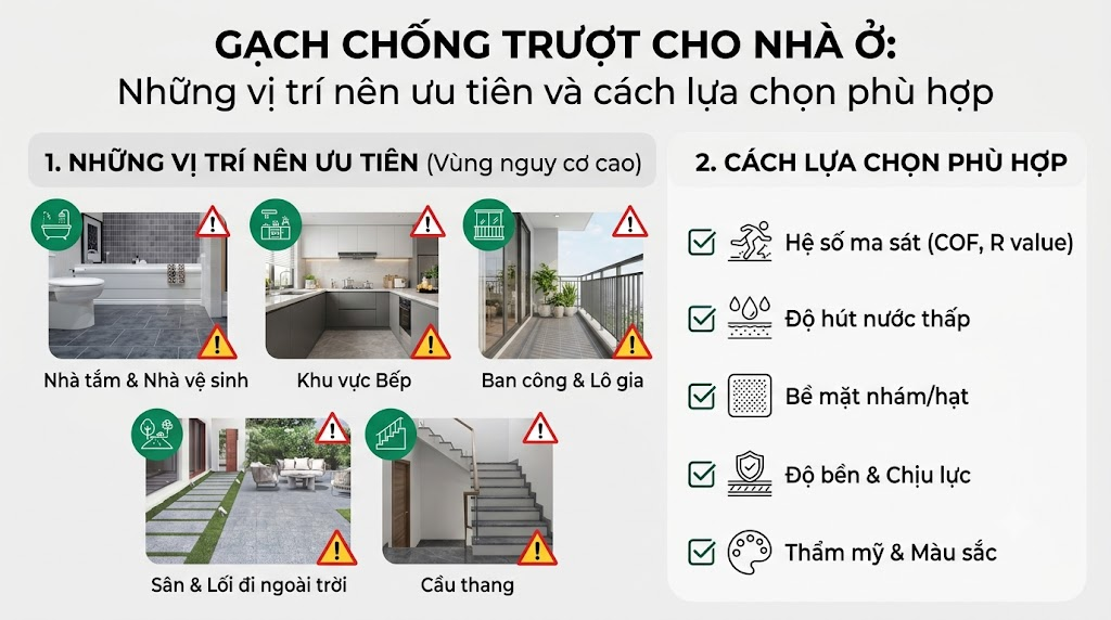 Gạch chống trượt cho nhà ở: Những vị trí nên ưu tiên và cách lựa chọn phù hợp