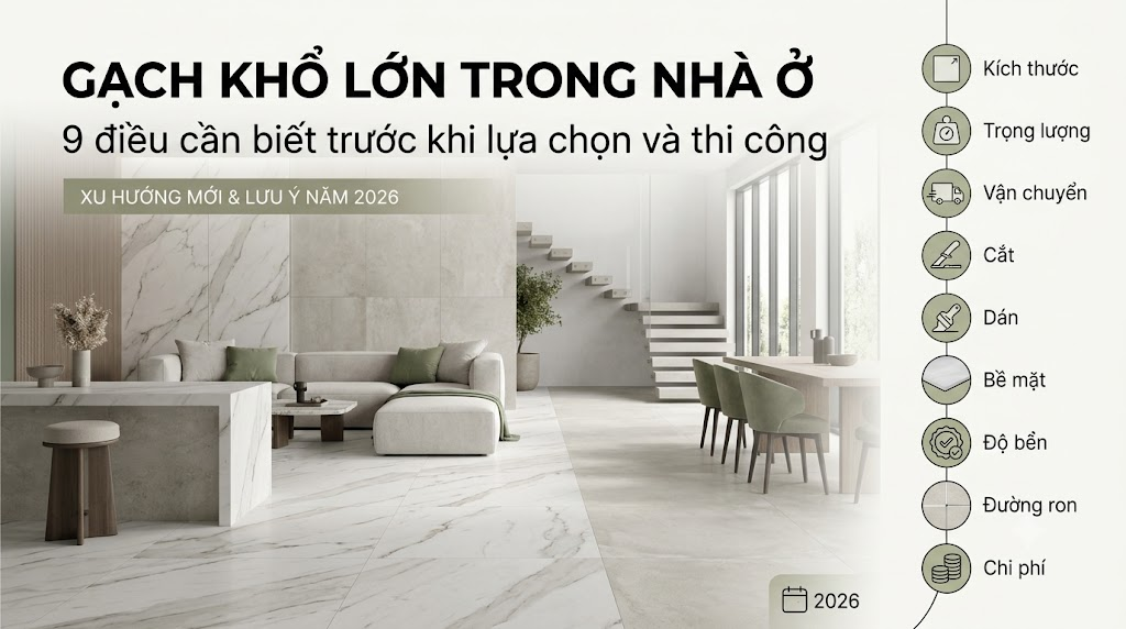 Gạch khổ lớn trong nhà ở: 9 điều cần biết trước khi lựa chọn và thi công