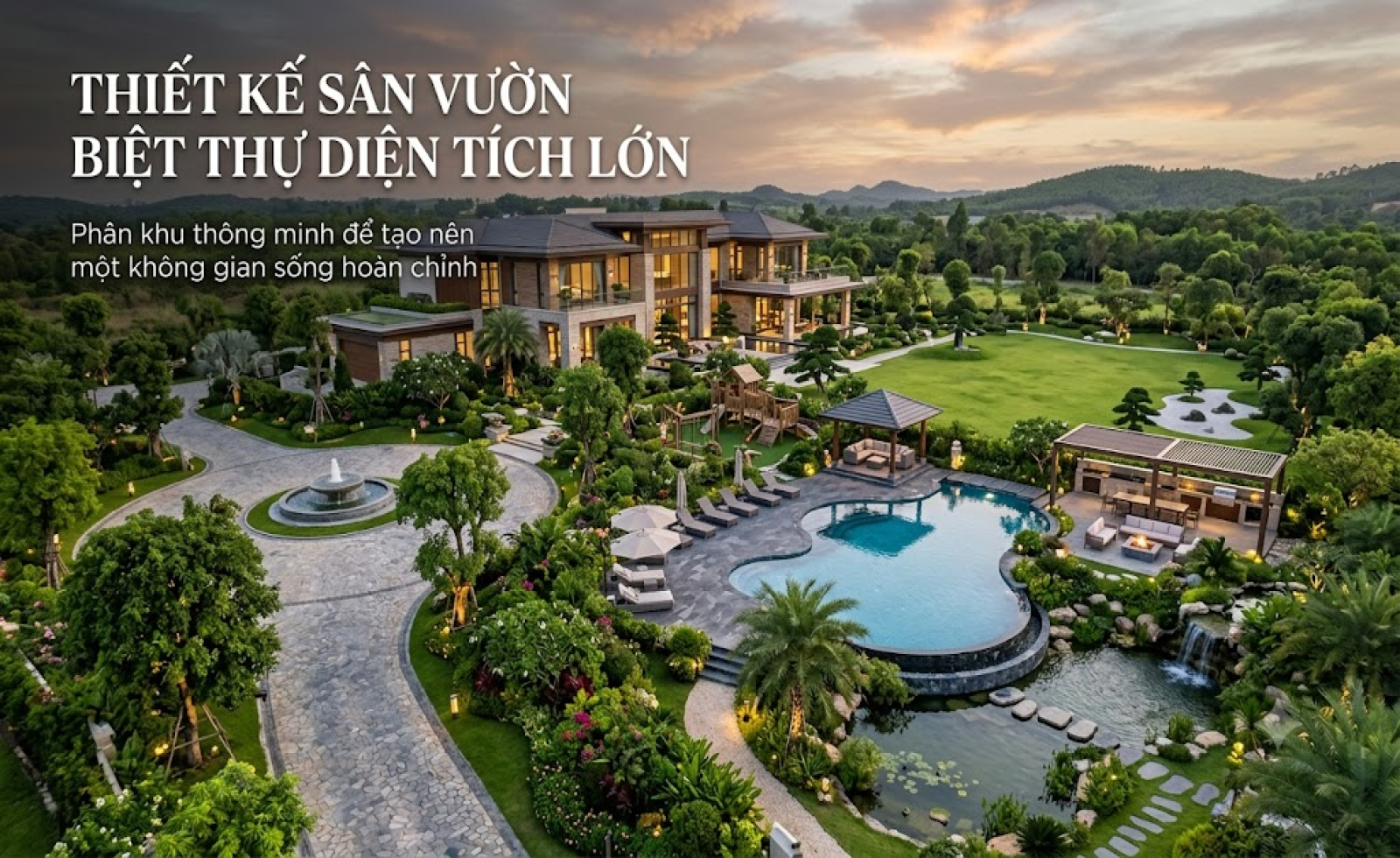 Thiết kế sân vườn biệt thự diện tích lớn: Phân khu thông minh để tạo nên một không gian sống hoàn chỉnh