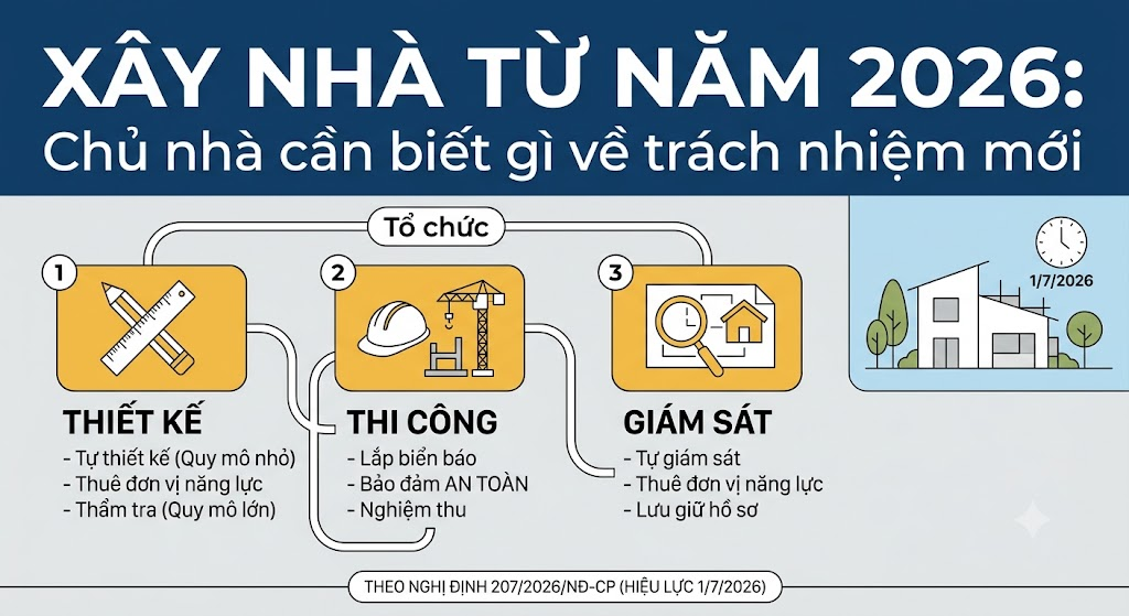 Xây nhà từ năm 2026: Chủ nhà cần biết gì về trách nhiệm thiết kế, thi công và giám sát?