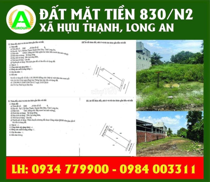 BÁN ĐẤT 2 MẶT TIỀN ĐƯỜNG 830 & N2 – XÃ HỮU THẠNH, LONG AN