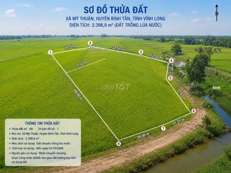 chính chủ bán gấp 2.398m2 đất lúa, tiềm năng đầu tư