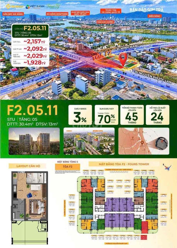 1,9 TỶ CĂN STUDIO SÂN VƯỜN 43,4M2, THOÁNG MÁT| FOURS TOWER ĐÀ NẴNG