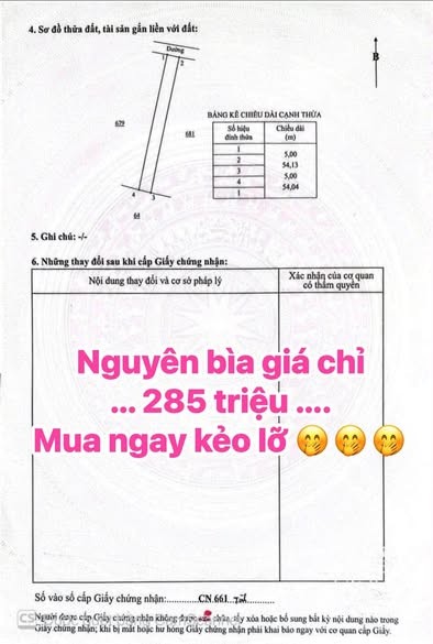 Em bán bìa này 285 triệu . 5m ngang x chiều dài 54m có thổ cư 70 - Ảnh 1