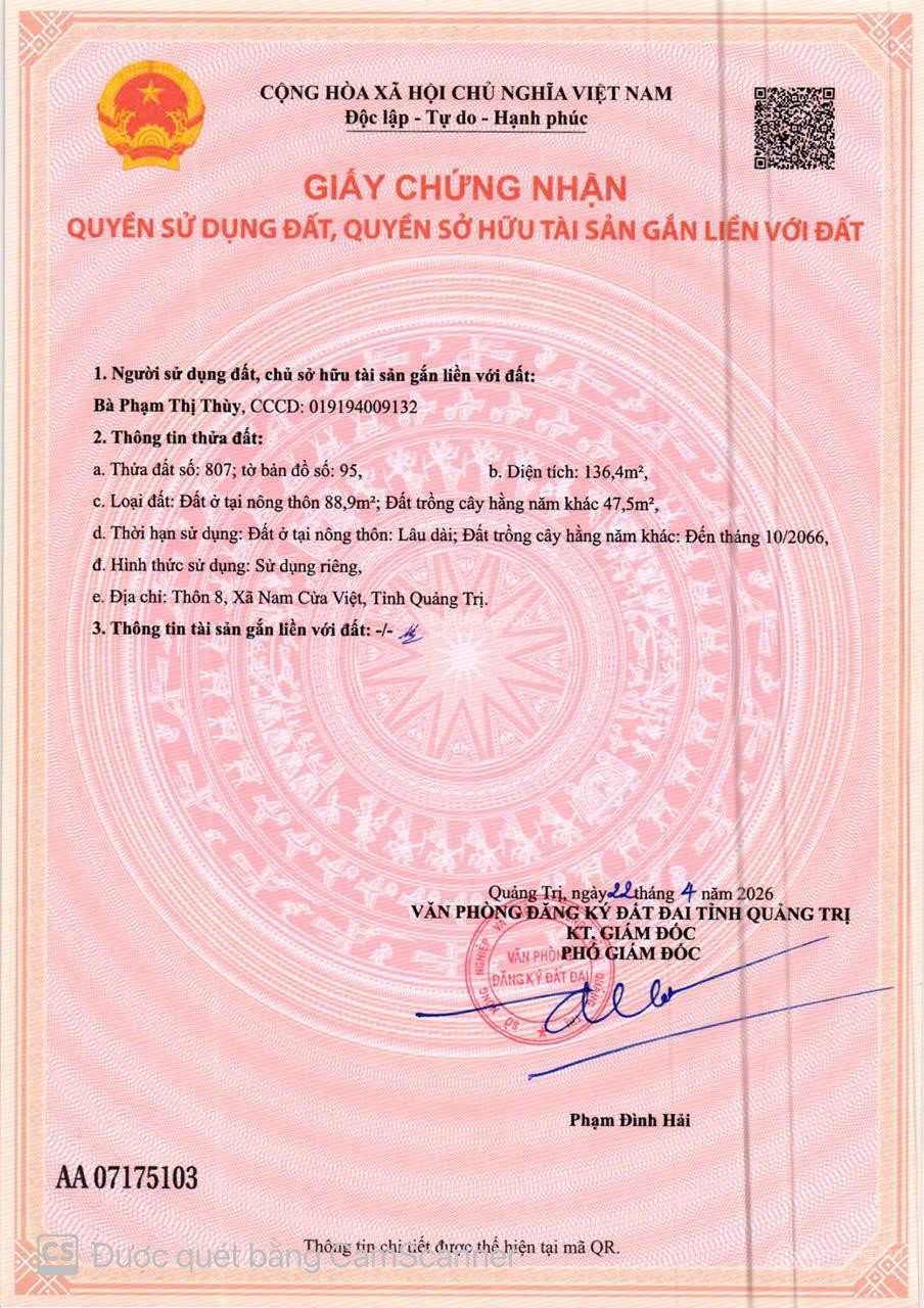 Cần bán lô đất nền cách biển 200m giá nhỉnh 4tr/m. Sổ đỏ full thổ cư. Cách đường QP ven biển 20m