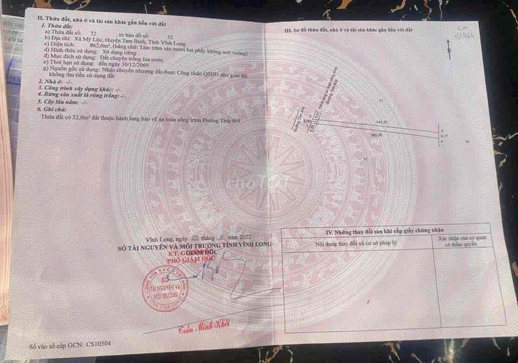 Cần bán Đất mặt tiền đường tỉnh lộ 909. Xã Mỹ Lộc , Tam Bình, tỉnh Vĩ